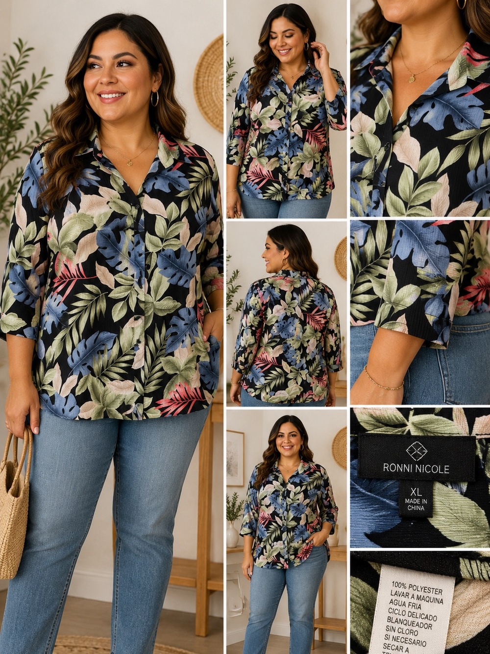 Tropical Leaf Print Button Front Blouse XL